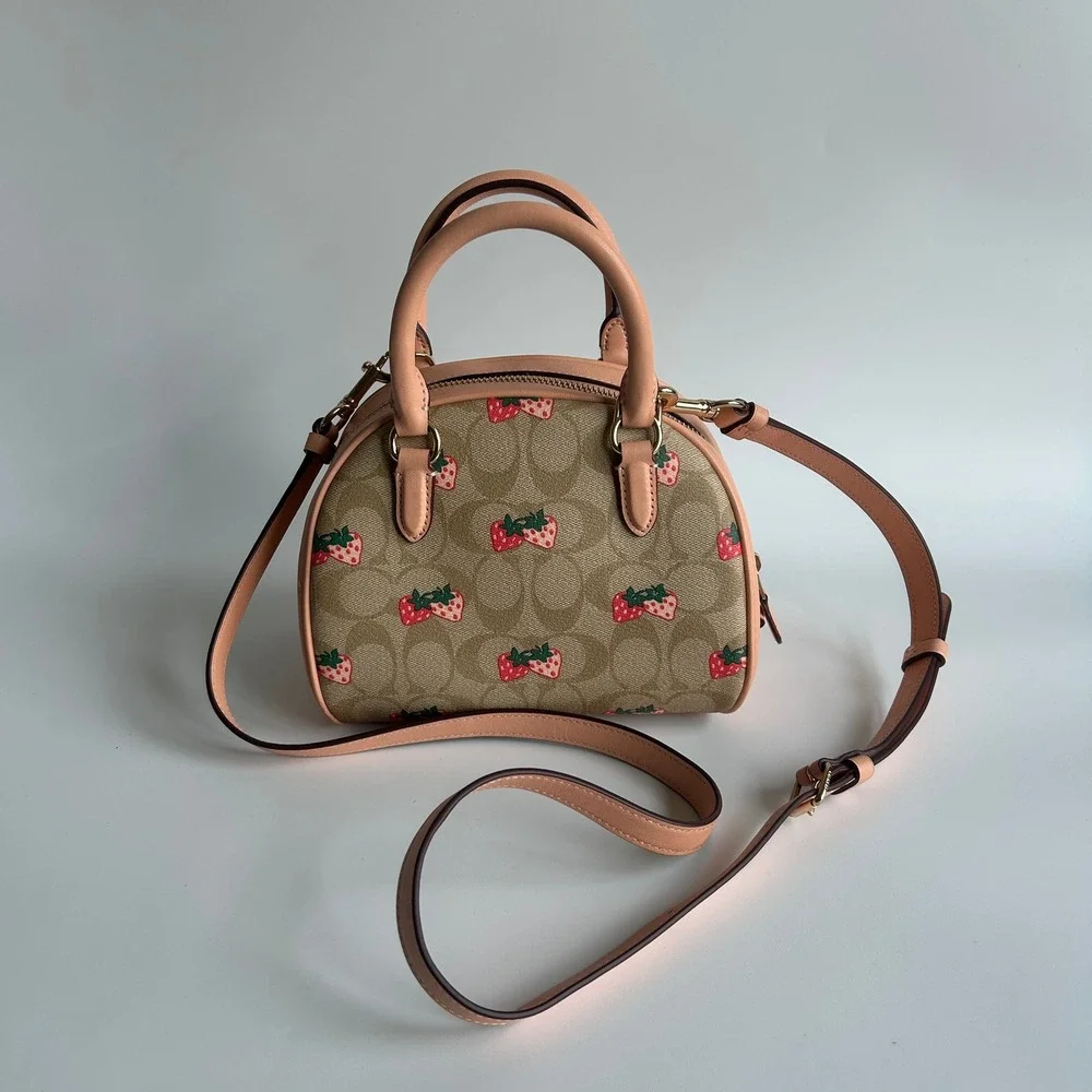 Coach Sydney Satchel Khaki Strawberry Signature Canvas Leather Bag CB596